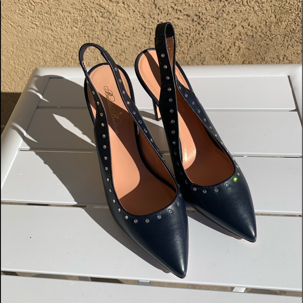 Brooks Brothers sling back heels navy all leather with zirconia stones 9